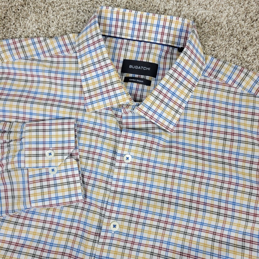 Bugatchi Comfort Stretch Mens 17.5-36/37 Multicolor Plaid Check Button Up LS
